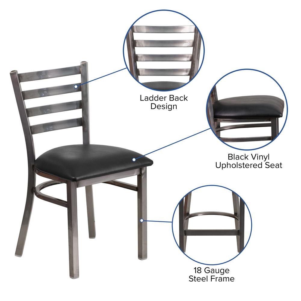 Clear Coated Ladder Back Metal Restaurant Chair - Black Vinyl Seat. Picture 5