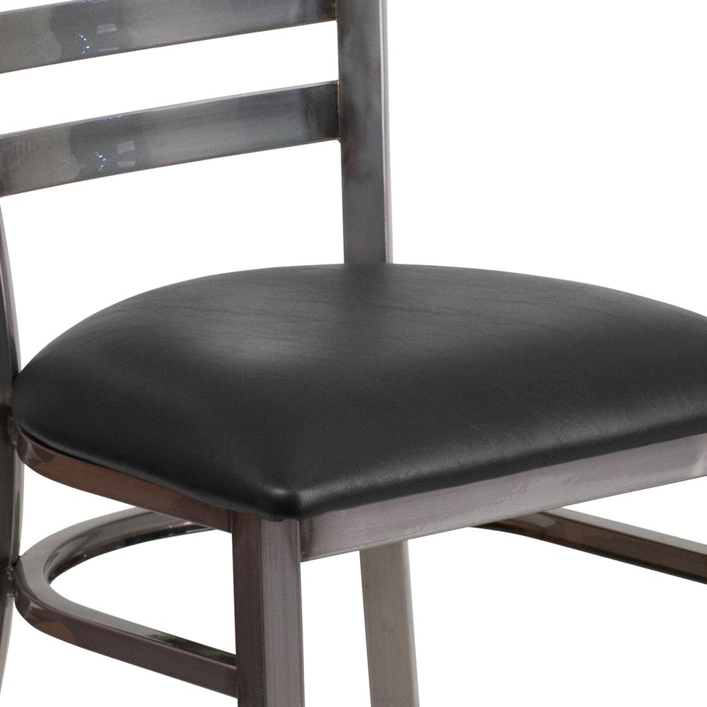 Clear Coated Ladder Back Metal Restaurant Chair - Black Vinyl Seat. Picture 6