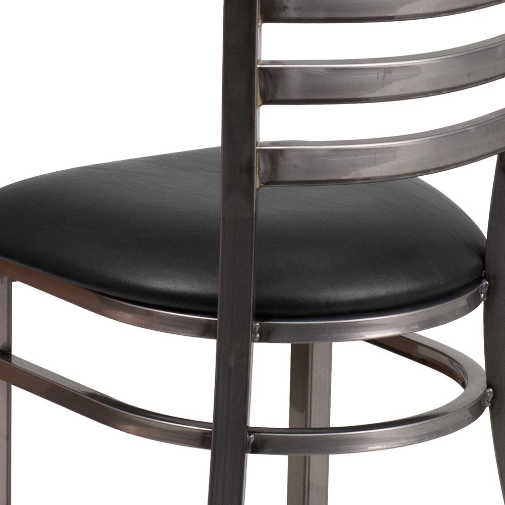 Clear Coated Ladder Back Metal Restaurant Chair - Black Vinyl Seat. Picture 7