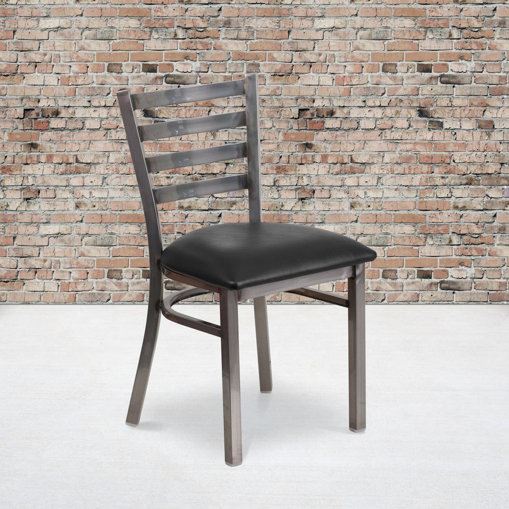 Clear Coated Ladder Back Metal Restaurant Chair - Black Vinyl Seat. Picture 8