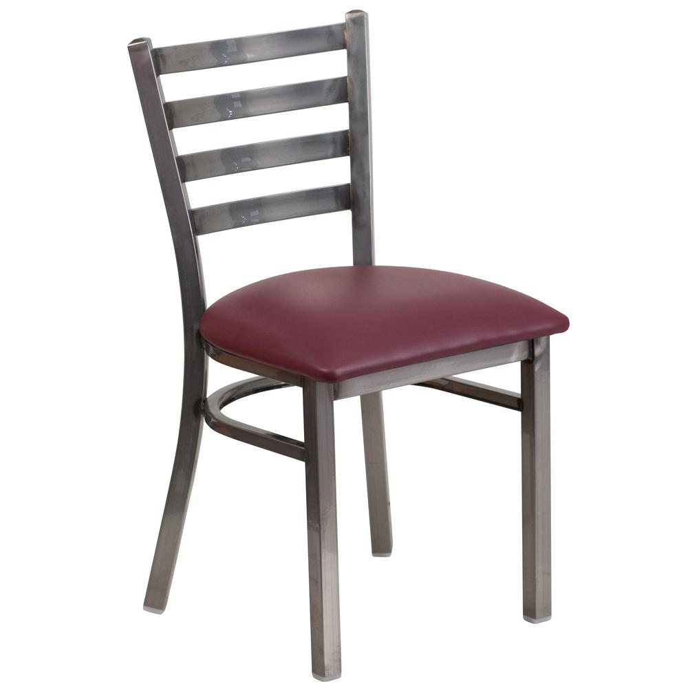 Clear Coated Ladder Back Metal Restaurant Chair - Burgundy Vinyl Seat. Picture 1