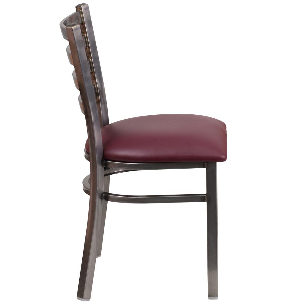 Clear Coated Ladder Back Metal Restaurant Chair - Burgundy Vinyl Seat. Picture 2