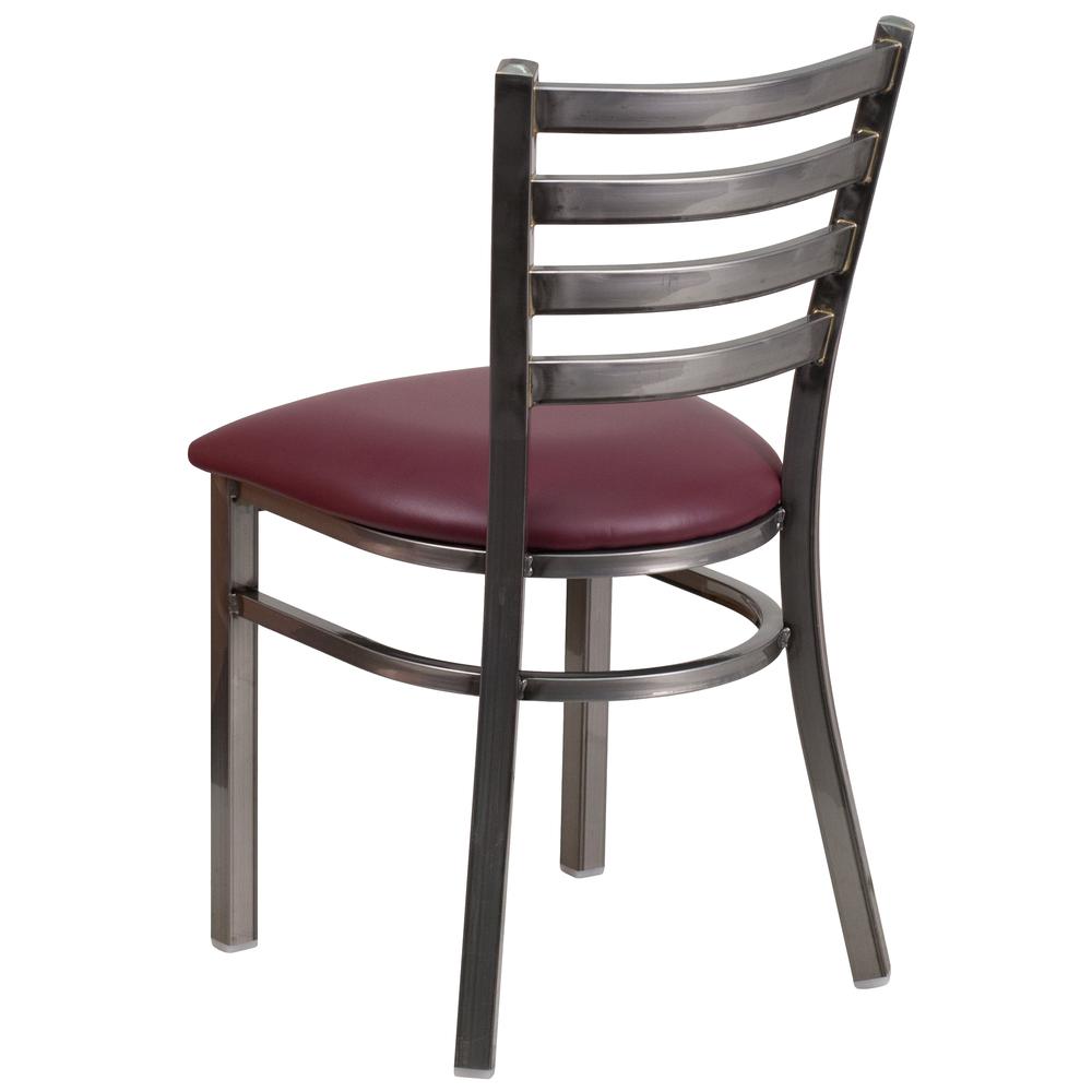 Clear Coated Ladder Back Metal Restaurant Chair - Burgundy Vinyl Seat. Picture 3