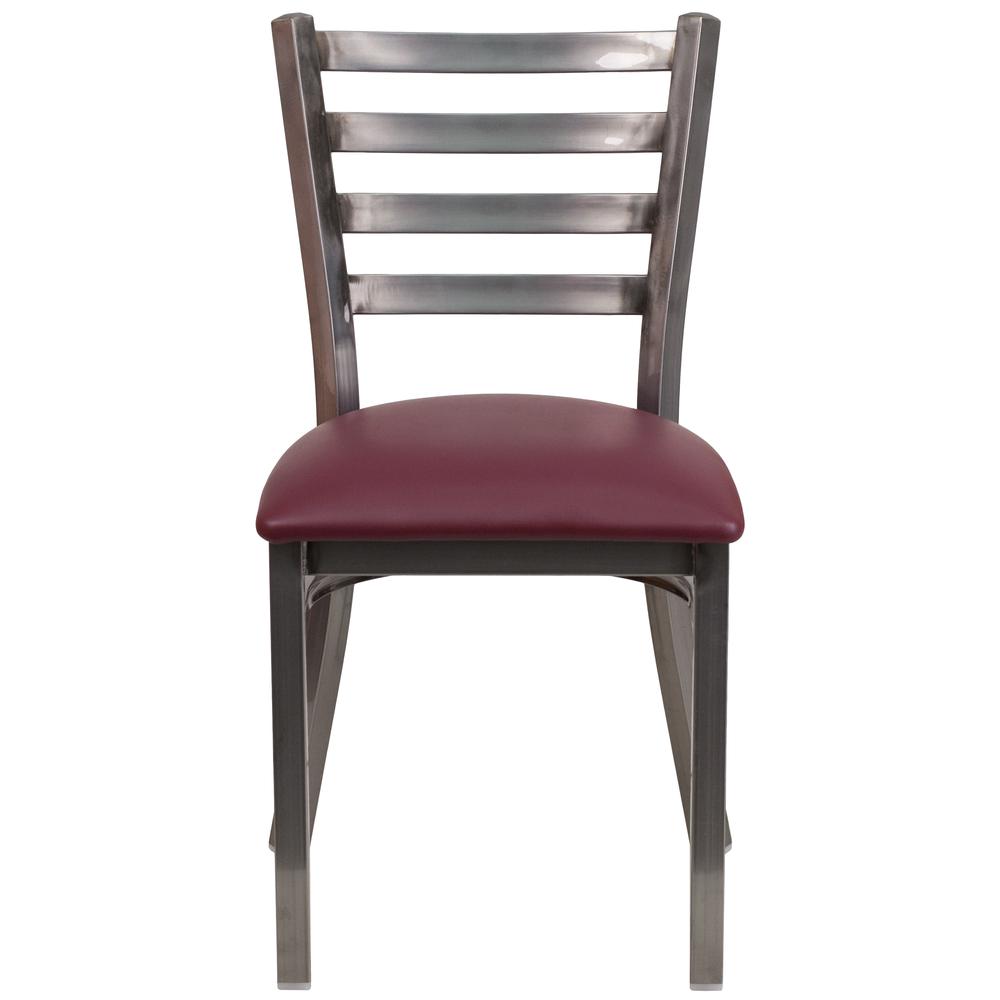 Clear Coated Ladder Back Metal Restaurant Chair - Burgundy Vinyl Seat. Picture 4