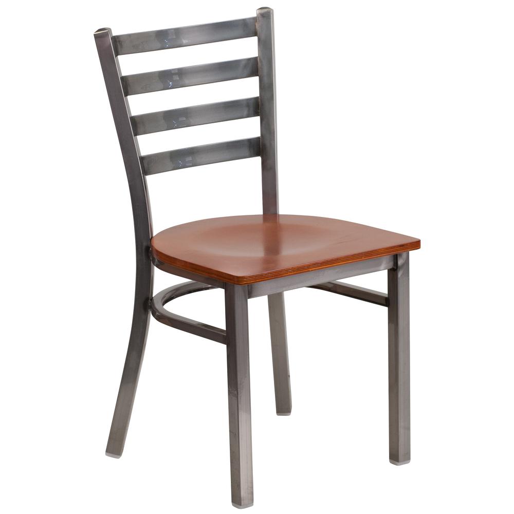 Clear Coated Ladder Back Metal Restaurant Chair - Cherry Wood Seat. The main picture.
