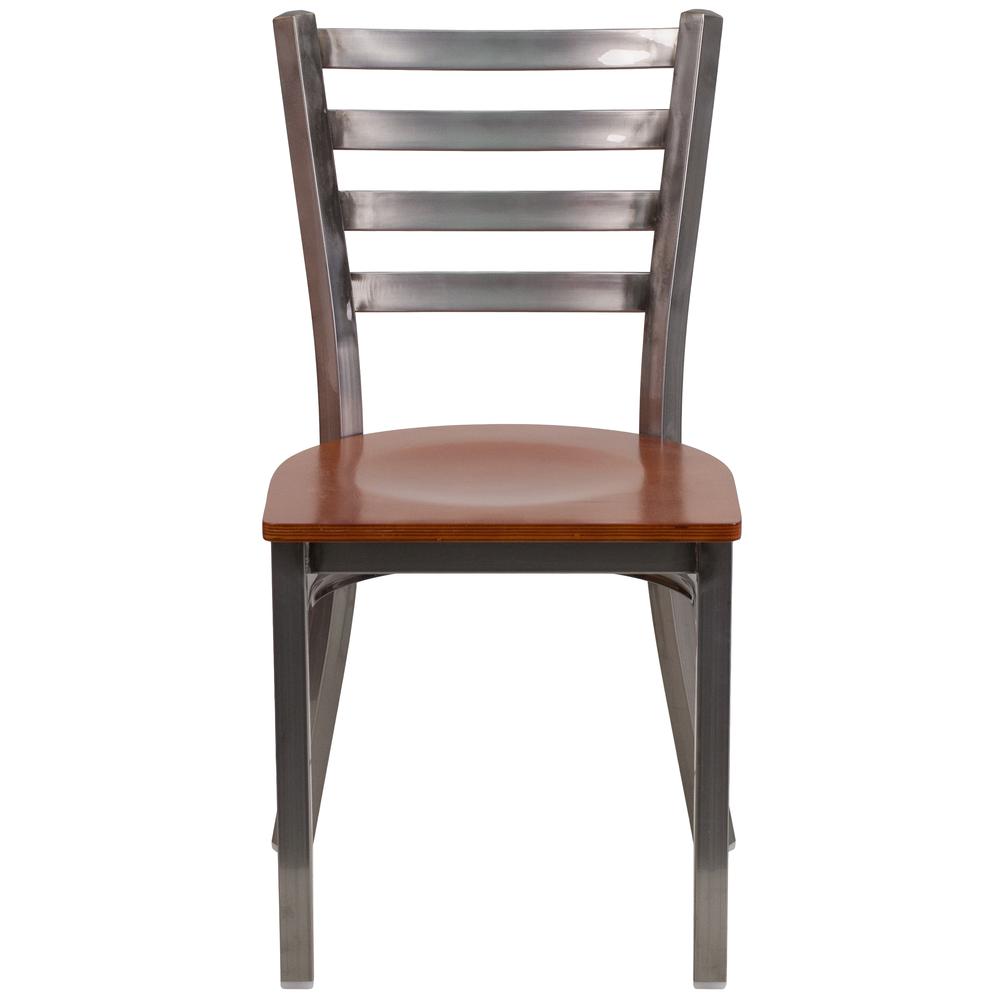 Clear Coated Ladder Back Metal Restaurant Chair - Cherry Wood Seat. Picture 4