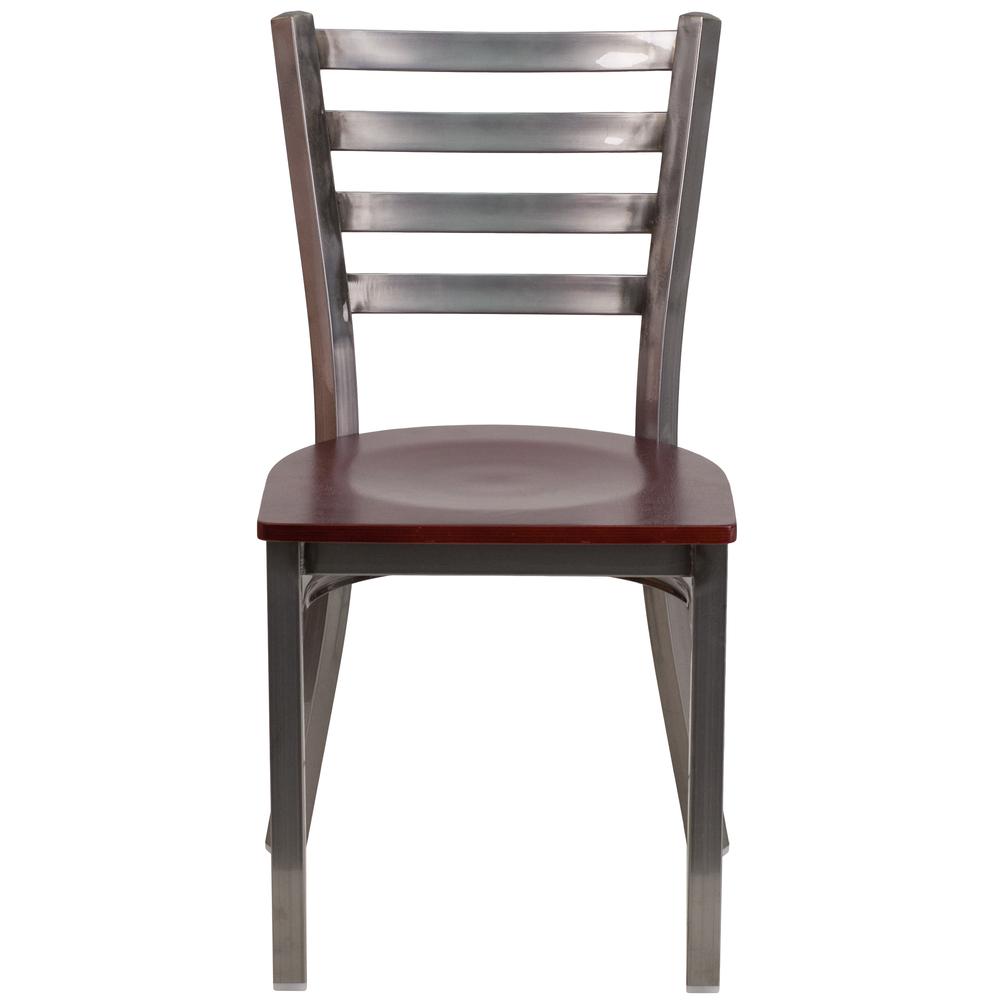 HERCULES Series Clear Coated Ladder Back Metal Restaurant Chair - Mahogany Wood Seat. Picture 4