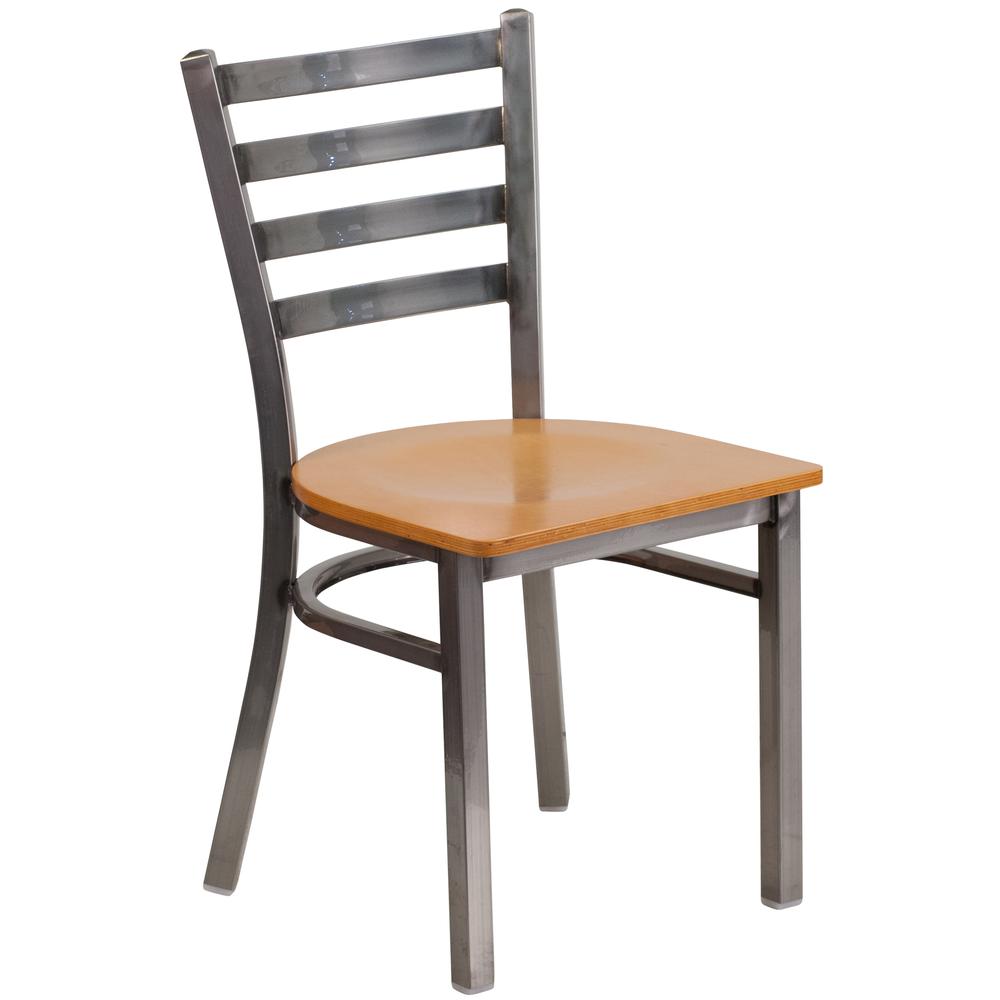 HERCULES Series Clear Coated Ladder Back Metal Restaurant Chair - Natural Wood Seat. Picture 1