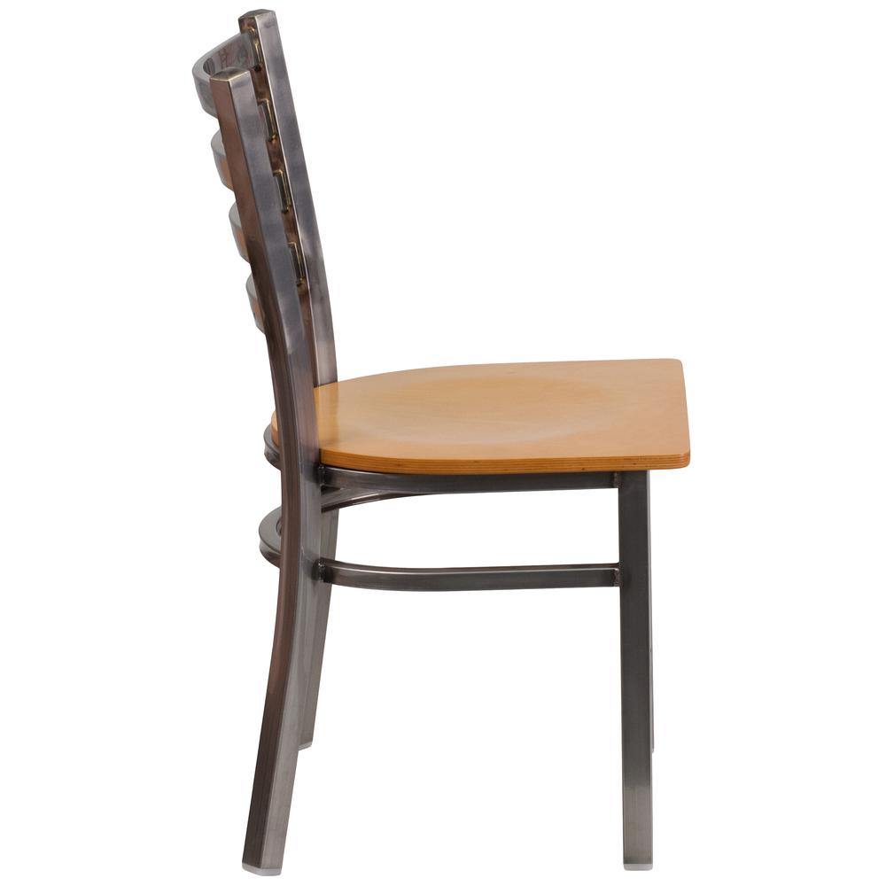 HERCULES Series Clear Coated Ladder Back Metal Restaurant Chair - Natural Wood Seat. Picture 2