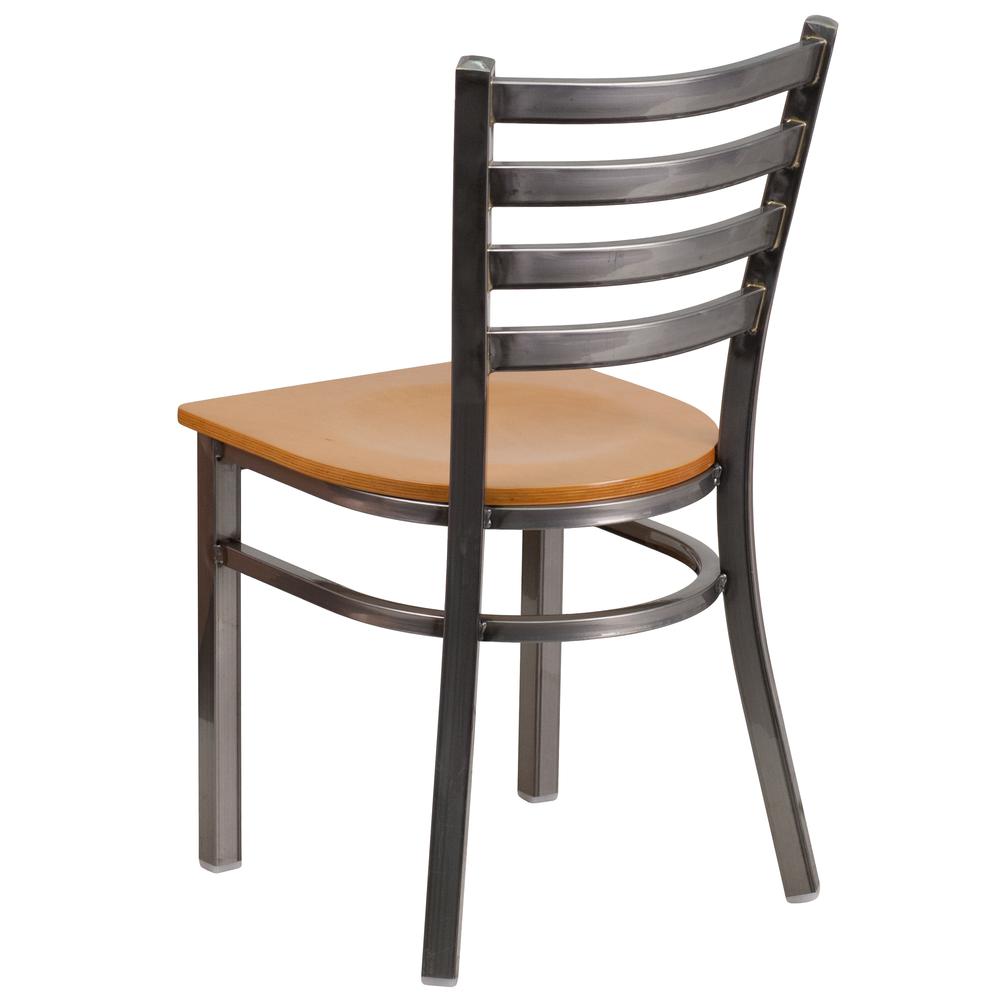 HERCULES Series Clear Coated Ladder Back Metal Restaurant Chair - Natural Wood Seat. Picture 3