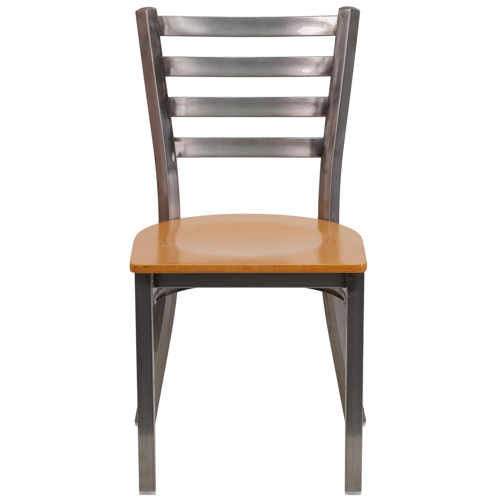 HERCULES Series Clear Coated Ladder Back Metal Restaurant Chair - Natural Wood Seat. Picture 4