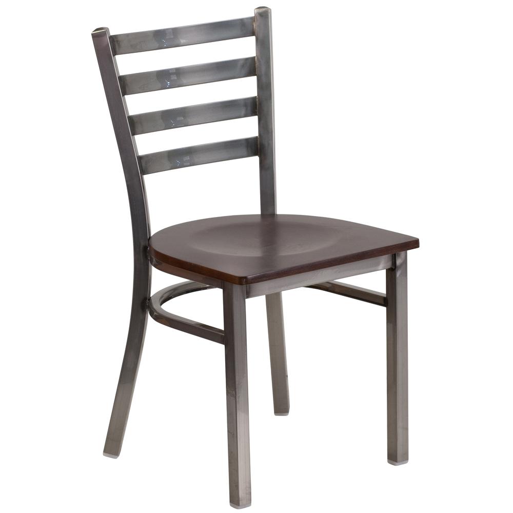Clear Coated Ladder Back Metal Restaurant Chair - Walnut Wood Seat. Picture 1