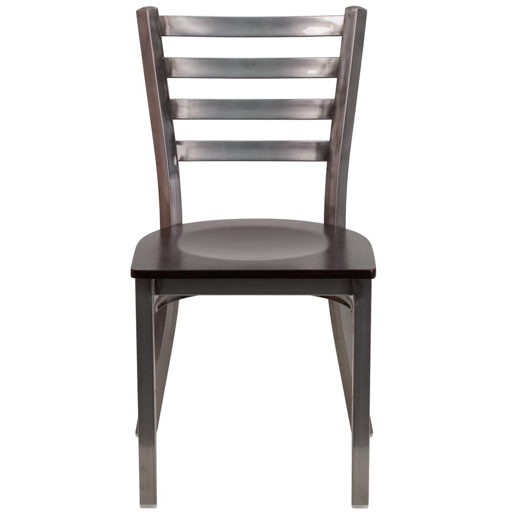 Clear Coated Ladder Back Metal Restaurant Chair - Walnut Wood Seat. Picture 4
