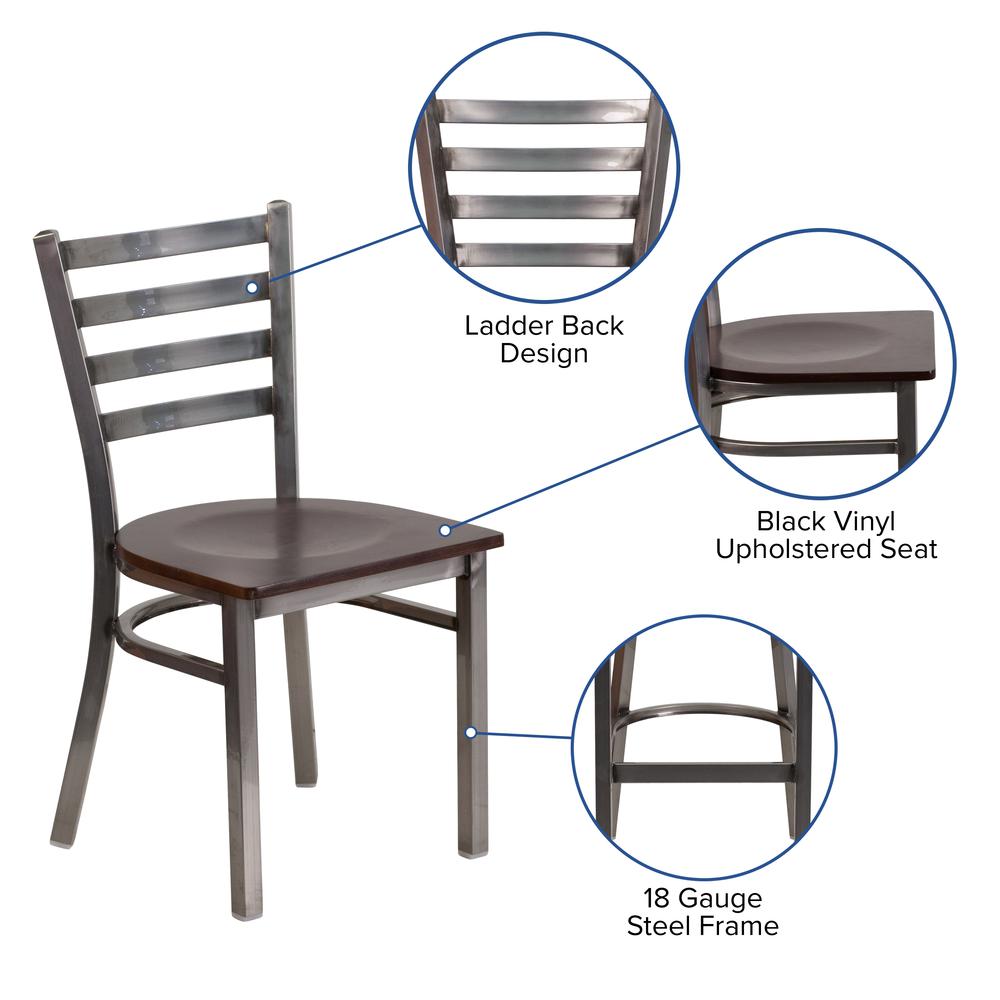 Clear Coated Ladder Back Metal Restaurant Chair - Walnut Wood Seat. Picture 5