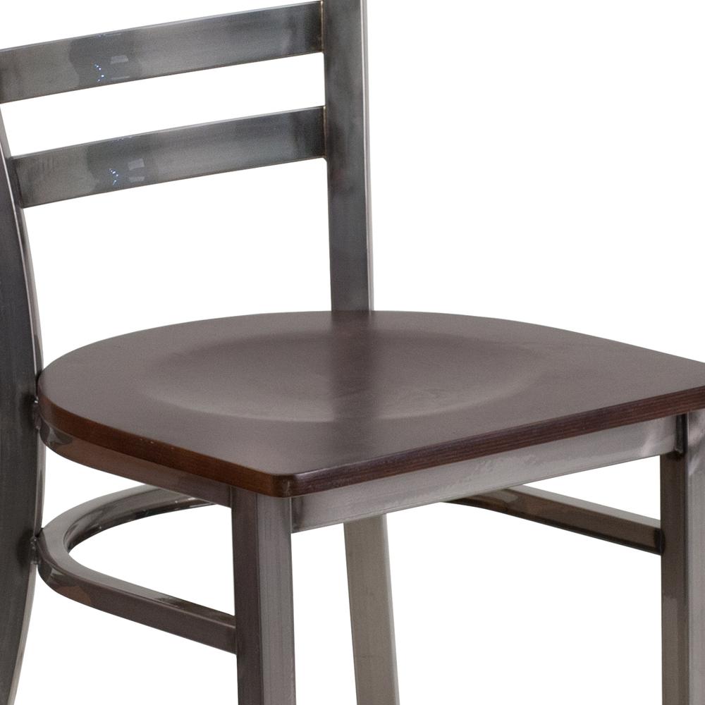 Clear Coated Ladder Back Metal Restaurant Chair - Walnut Wood Seat. Picture 6