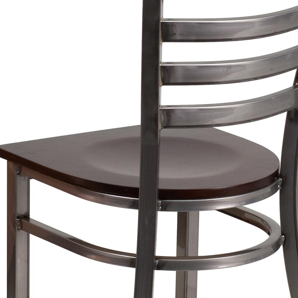 Clear Coated Ladder Back Metal Restaurant Chair - Walnut Wood Seat. Picture 7
