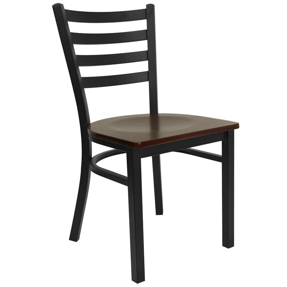 Black Ladder Back Metal Restaurant Chair - Mahogany Wood Seat. Picture 1