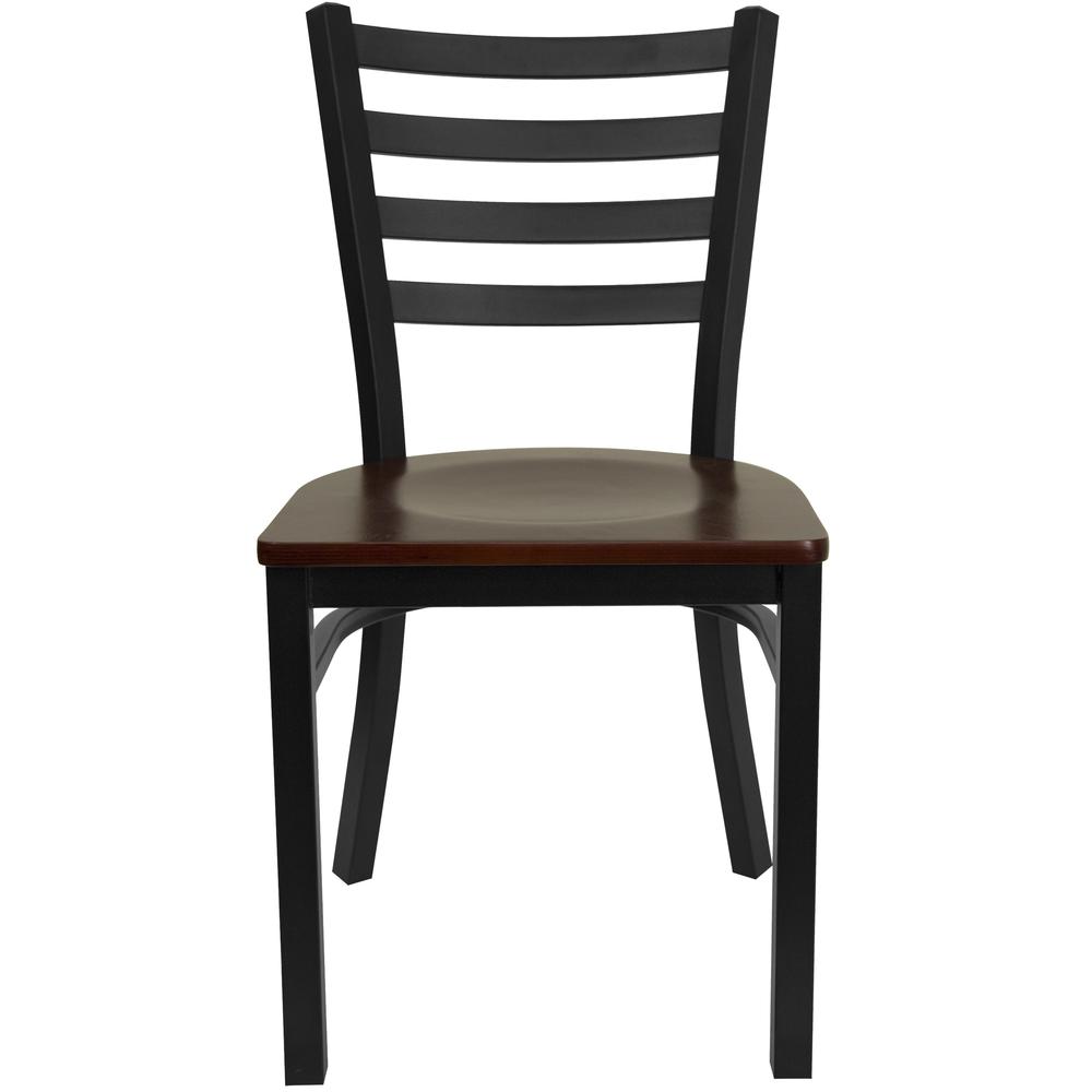 Black Ladder Back Metal Restaurant Chair - Mahogany Wood Seat. Picture 4