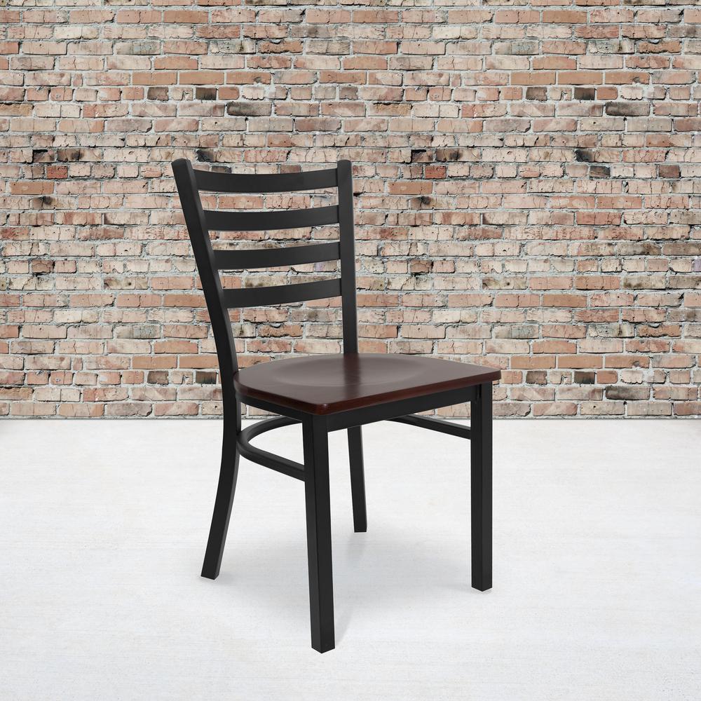 Black Ladder Back Metal Restaurant Chair - Mahogany Wood Seat. Picture 5