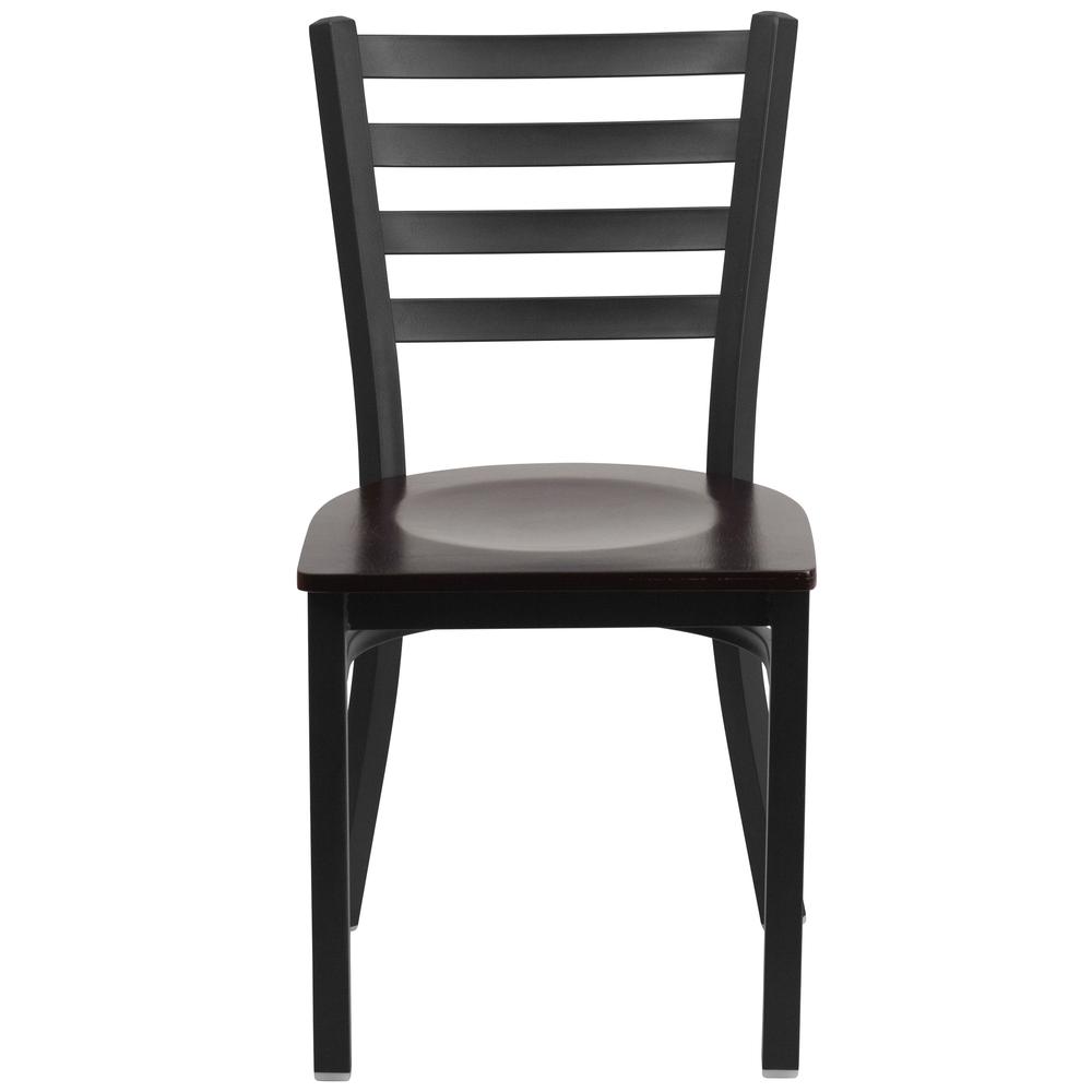 HERCULES Series Black Ladder Back Metal Restaurant Chair - Walnut Wood Seat. Picture 4