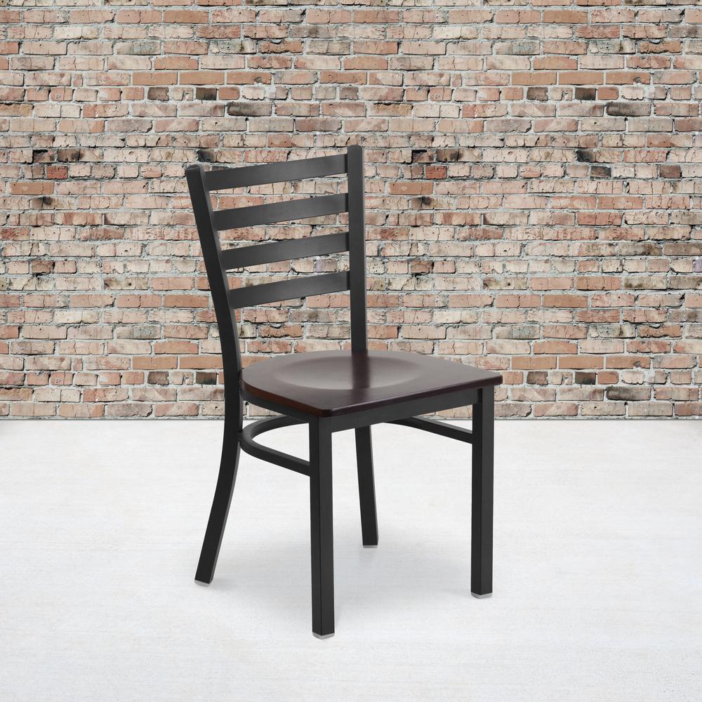 Black Ladder Back Metal Restaurant Chair - Walnut Wood Seat. Picture 5