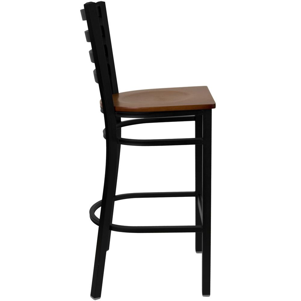 Black Ladder Back Metal Restaurant Barstool - Cherry Wood Seat. Picture 2