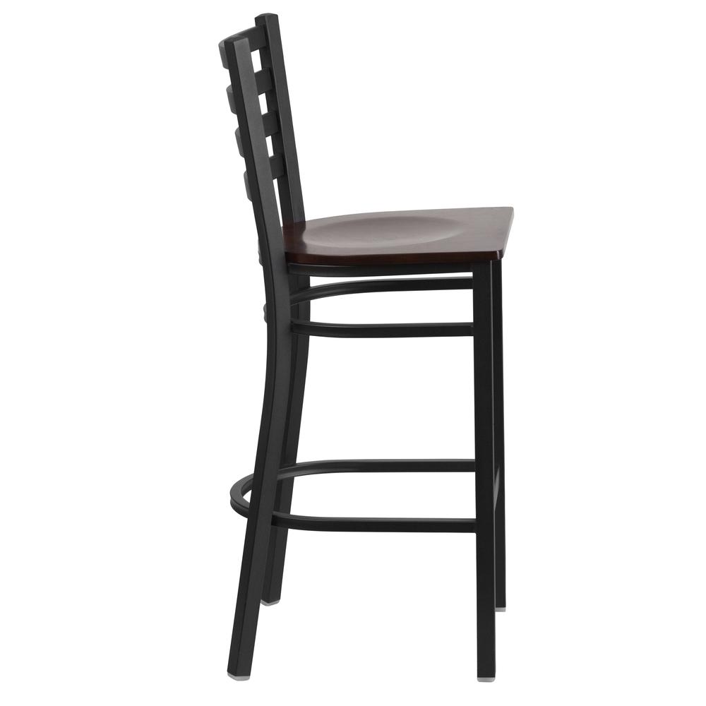 Black Ladder Back Metal Restaurant Barstool - Walnut Wood Seat. Picture 2