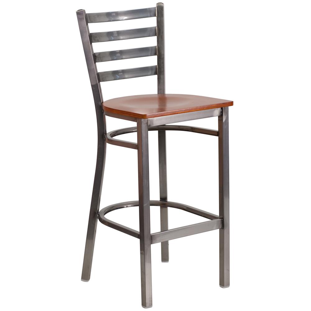 Clear Coated Ladder Back Metal Restaurant Barstool - Cherry Wood Seat. Picture 1