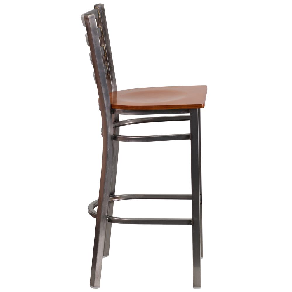 Clear Coated Ladder Back Metal Restaurant Barstool - Cherry Wood Seat. Picture 2