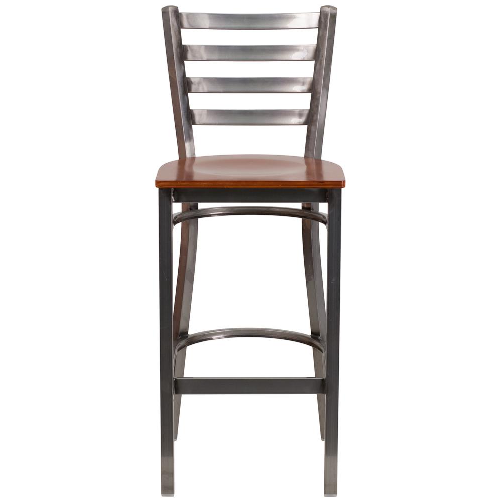 Clear Coated Ladder Back Metal Restaurant Barstool - Cherry Wood Seat. Picture 4
