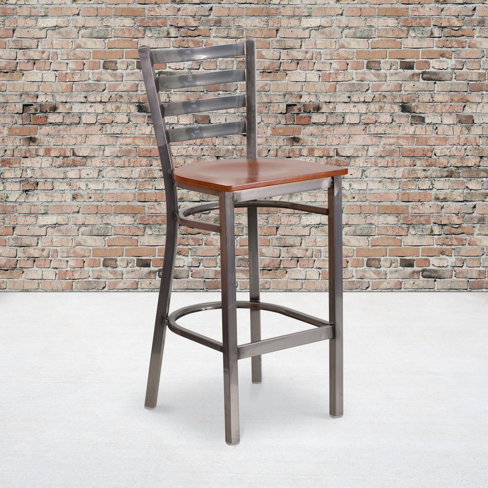 Clear Coated Ladder Back Metal Restaurant Barstool - Cherry Wood Seat. Picture 5