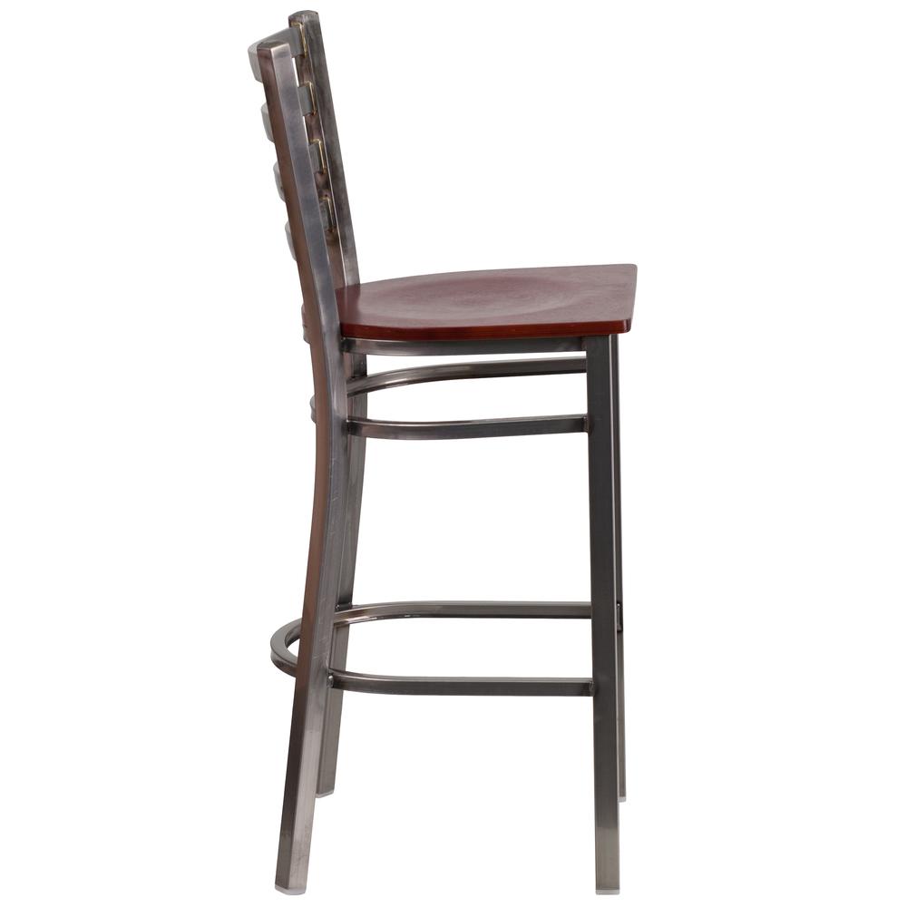 Clear Coated Ladder Back Metal Restaurant Barstool - Mahogany Wood Seat. Picture 2