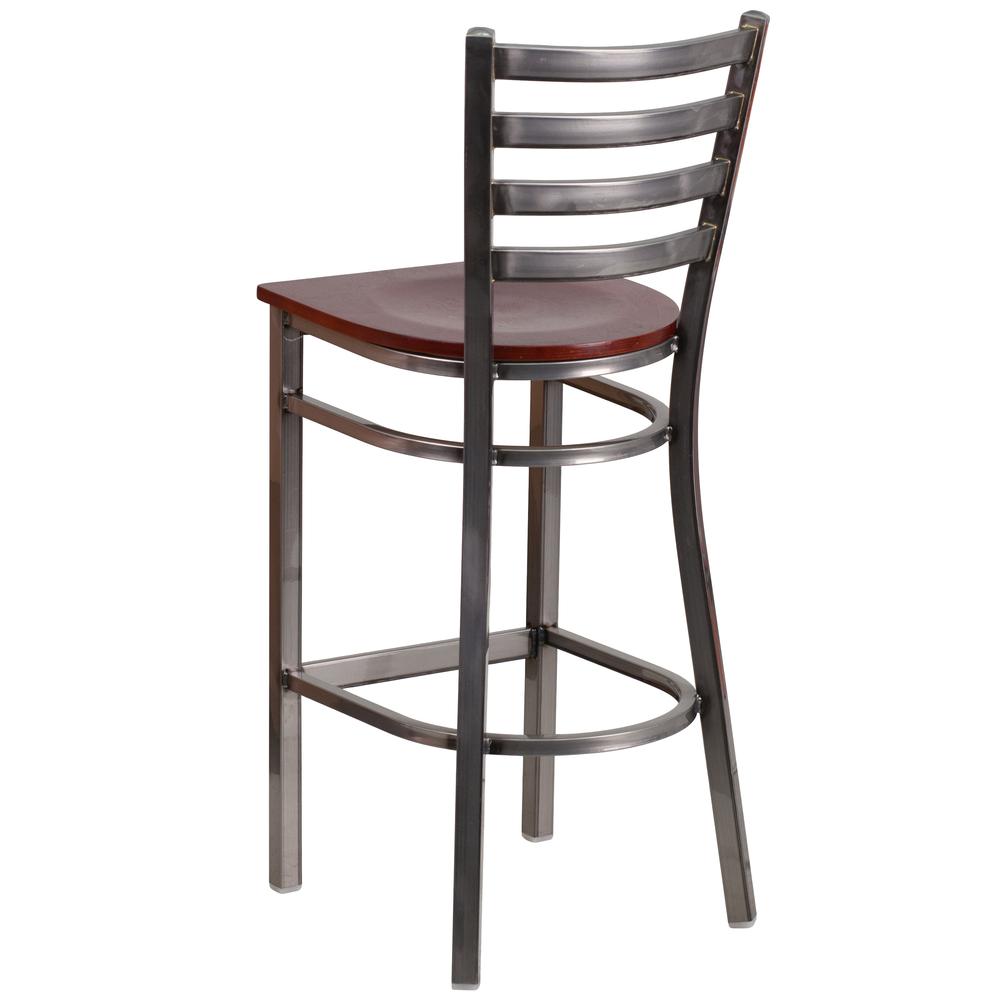 Clear Coated Ladder Back Metal Restaurant Barstool - Mahogany Wood Seat. Picture 3