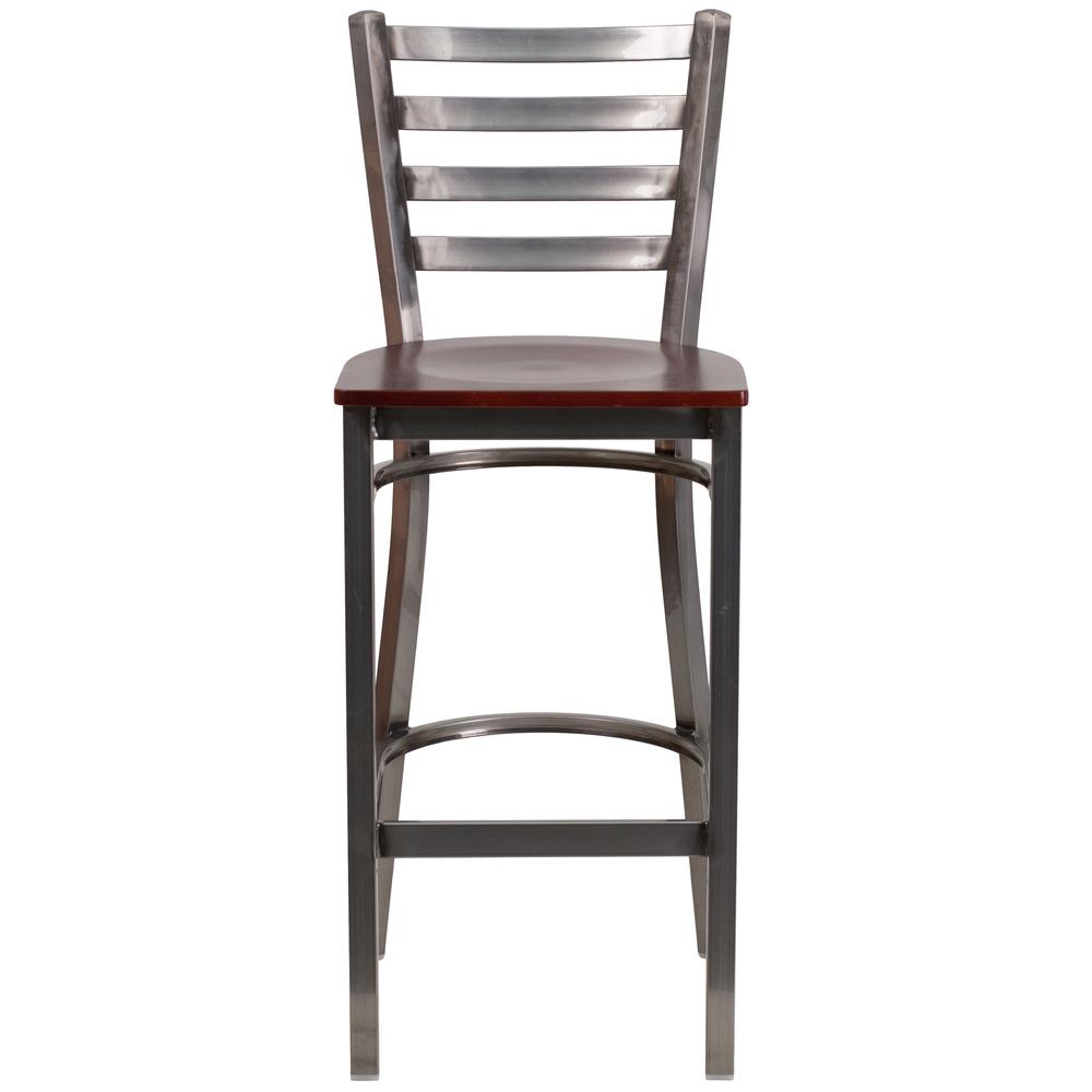 Clear Coated Ladder Back Metal Restaurant Barstool - Mahogany Wood Seat. Picture 4