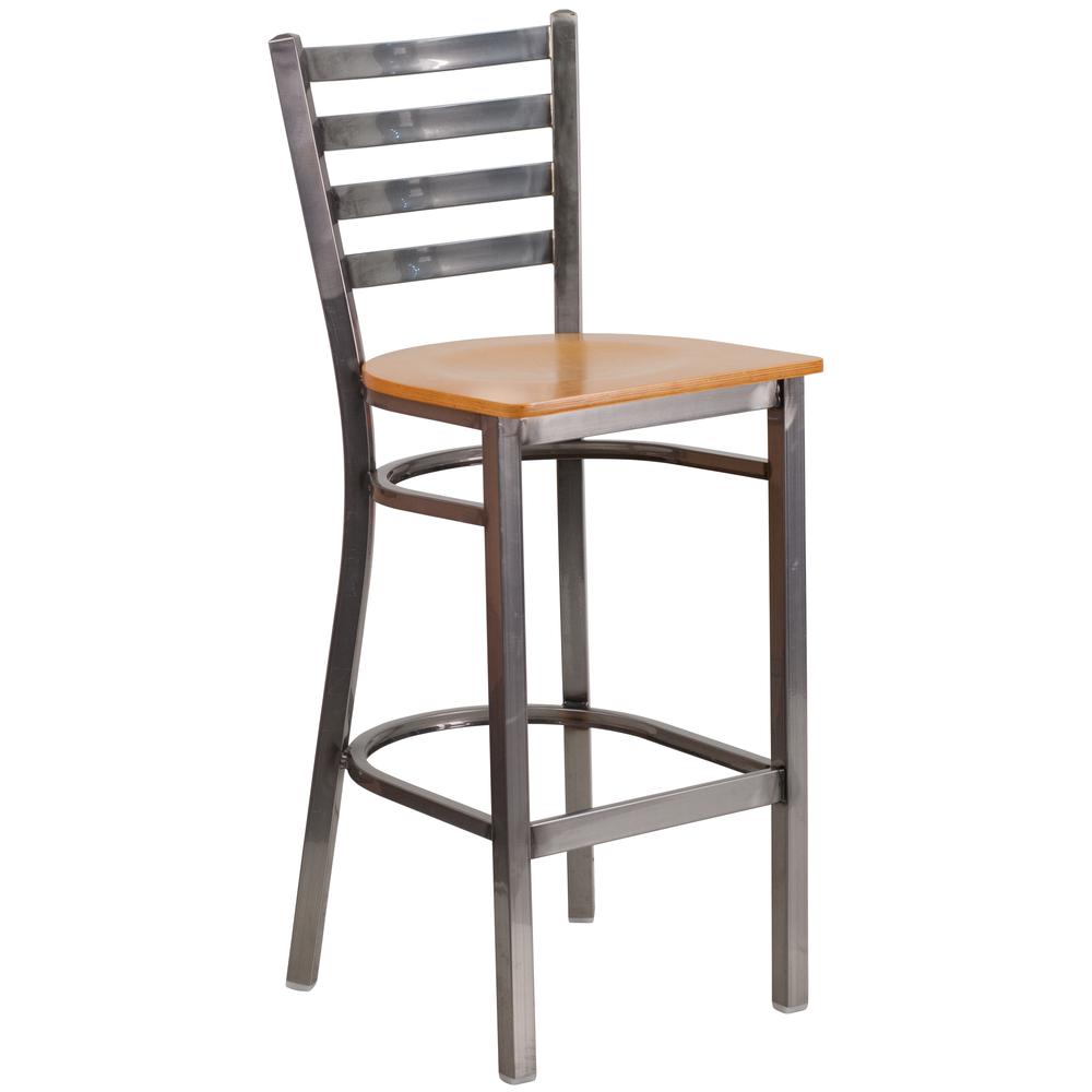 Clear Coated Ladder Back Metal Restaurant Barstool - Natural Wood Seat. Picture 1