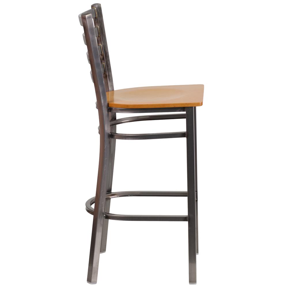 Clear Coated Ladder Back Metal Restaurant Barstool - Natural Wood Seat. Picture 2