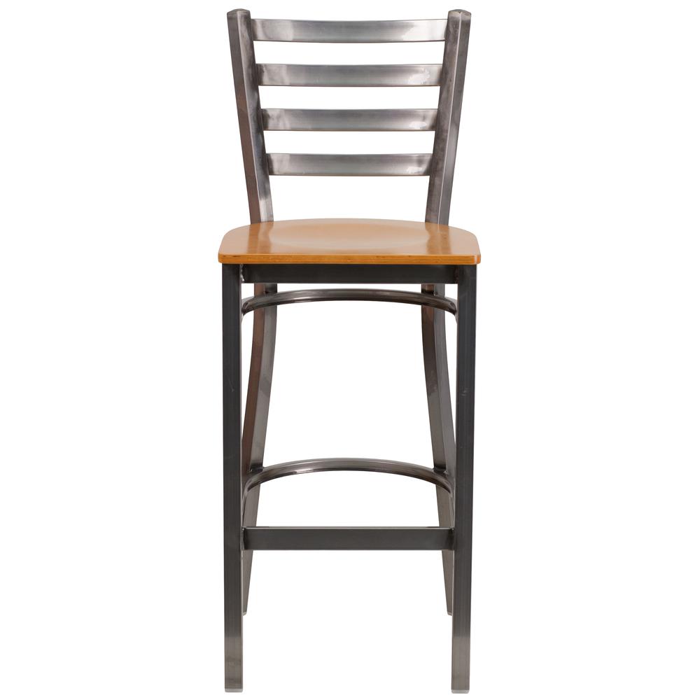 Clear Coated Ladder Back Metal Restaurant Barstool - Natural Wood Seat. Picture 4