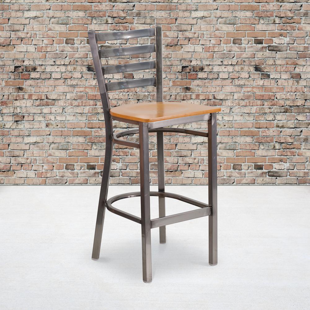 Clear Coated Ladder Back Metal Restaurant Barstool - Natural Wood Seat. Picture 5