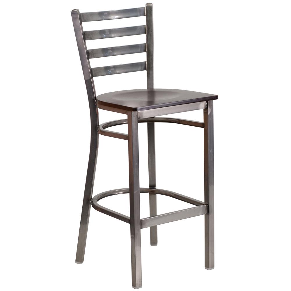 Clear Coated Ladder Back Metal Restaurant Barstool - Walnut Wood Seat. Picture 1