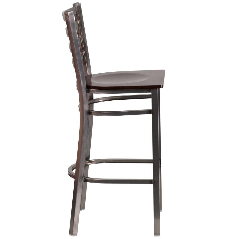 Clear Coated Ladder Back Metal Restaurant Barstool - Walnut Wood Seat. Picture 2