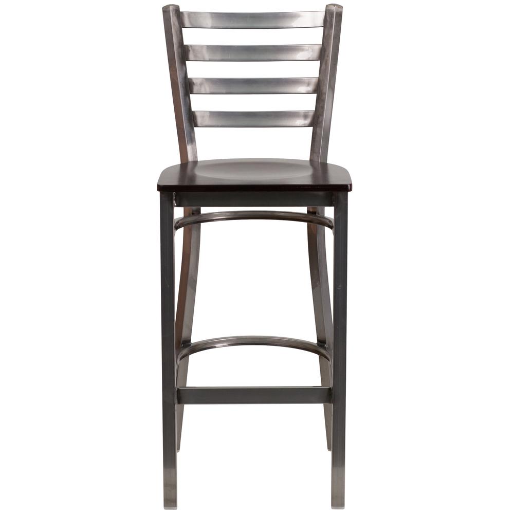 Clear Coated Ladder Back Metal Restaurant Barstool - Walnut Wood Seat. Picture 4