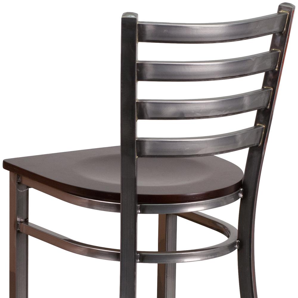 Clear Coated Ladder Back Metal Restaurant Barstool - Walnut Wood Seat. Picture 6