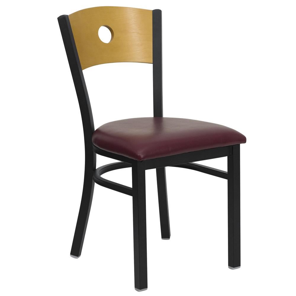 Black Circle Back Metal Restaurant Chair - Natural Wood Back, Burgundy Vinyl Seat. The main picture.