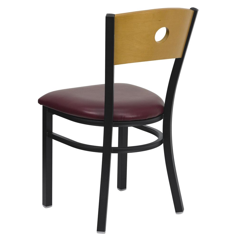 Black Circle Back Metal Restaurant Chair - Natural Wood Back, Burgundy Vinyl Seat. Picture 3