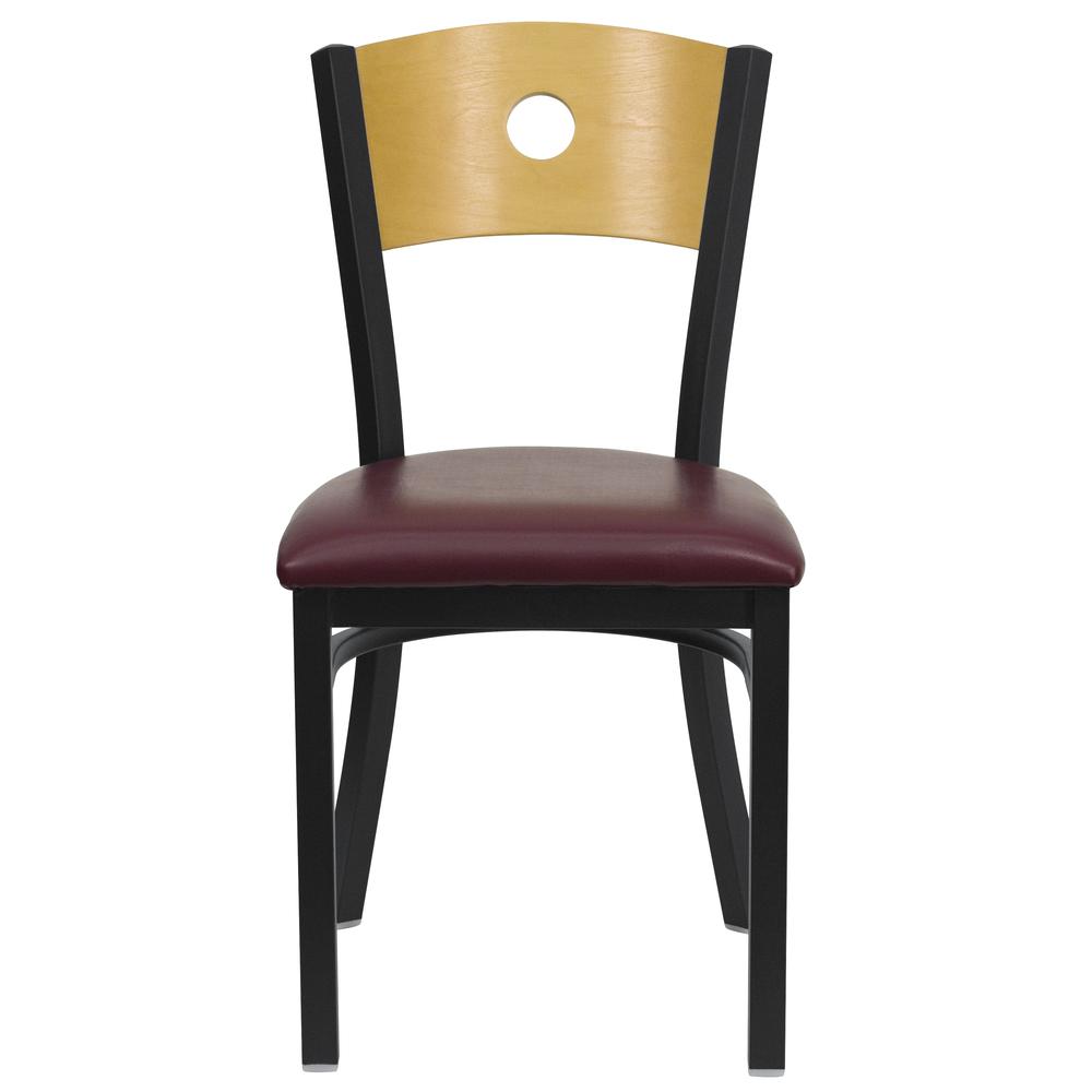 Black Circle Back Metal Restaurant Chair - Natural Wood Back, Burgundy Vinyl Seat. Picture 4