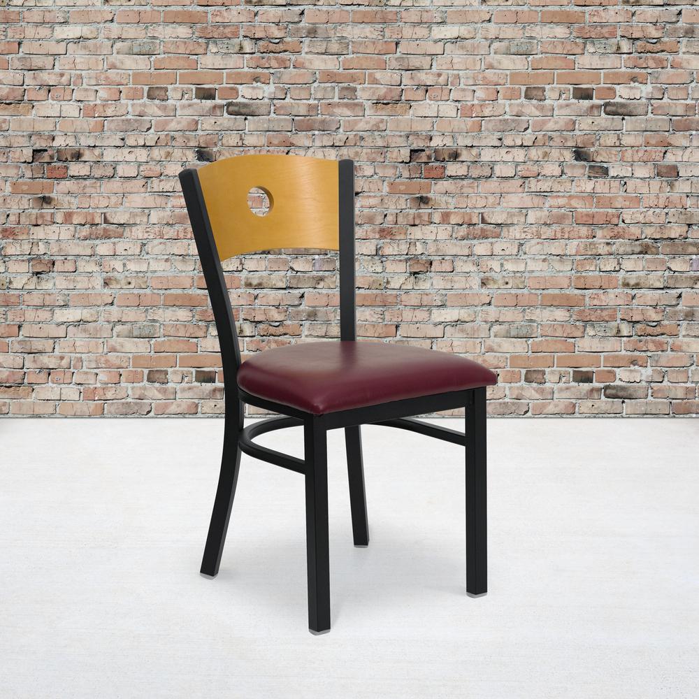 Black Circle Back Metal Restaurant Chair - Natural Wood Back, Burgundy Vinyl Seat. Picture 5