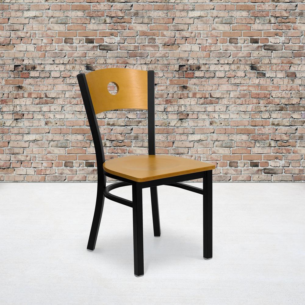 Black Circle Back Metal Restaurant Chair - Natural Wood Back & Seat. Picture 5