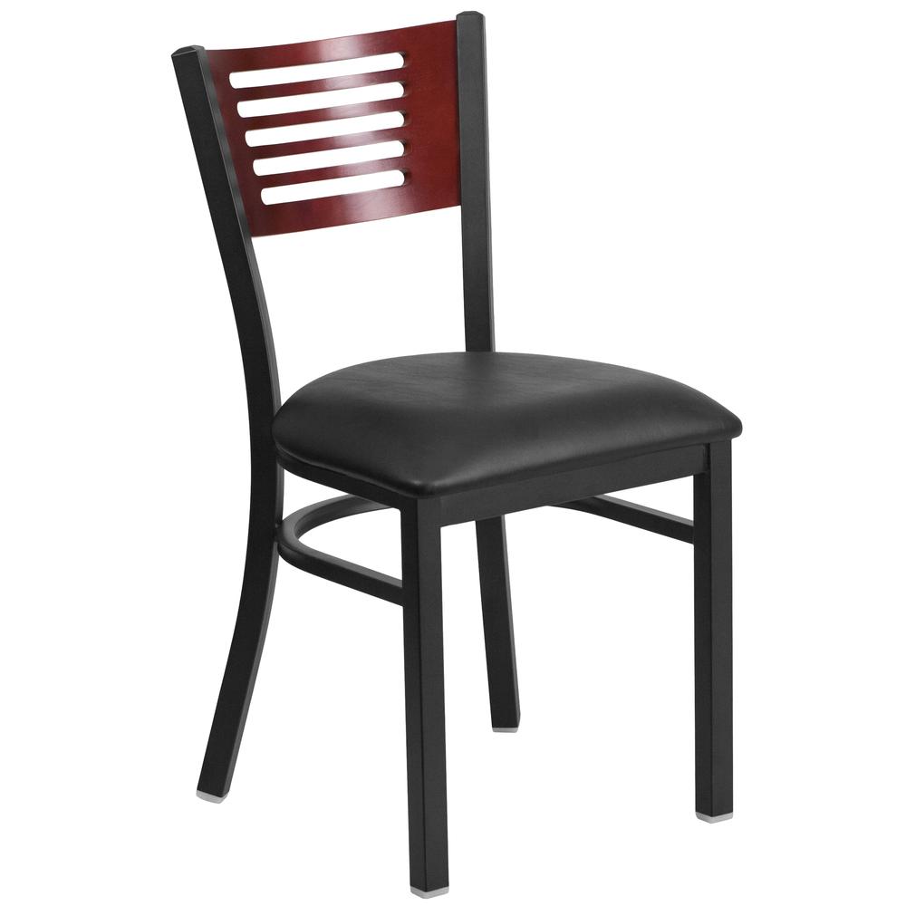Black Slat Back Metal Restaurant Chair - Mahogany Wood Back, Black Vinyl Seat. Picture 1