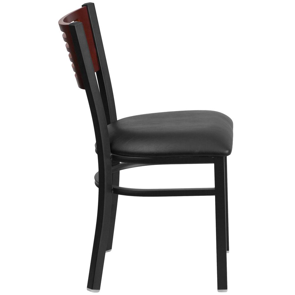 Black Slat Back Metal Restaurant Chair - Mahogany Wood Back, Black Vinyl Seat. Picture 2