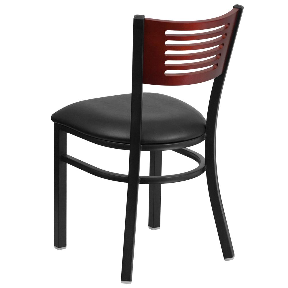 Black Slat Back Metal Restaurant Chair - Mahogany Wood Back, Black Vinyl Seat. Picture 3